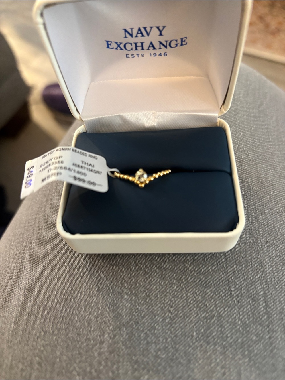 EXCHANGE Gold Beaded V-Shape Ring with Clear Stone Accent